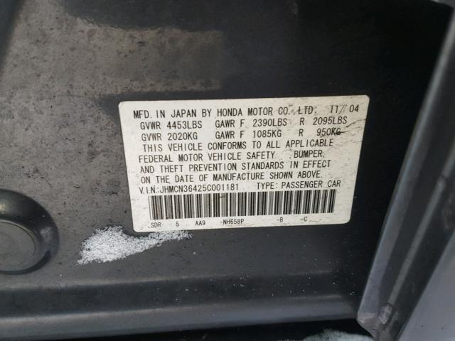 JHMCN36425C001181 - 2005 HONDA ACCORD HYB GRAY photo 10