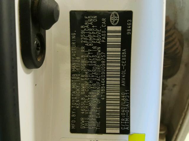 4T1BB46K09U098757 - 2009 TOYOTA CAMRY HYBR WHITE photo 10