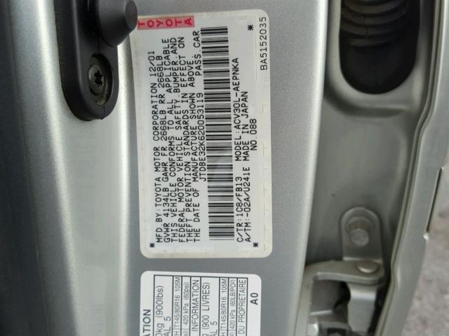 JTDBE32K620053119 - 2002 TOYOTA CAMRY LE SILVER photo 10