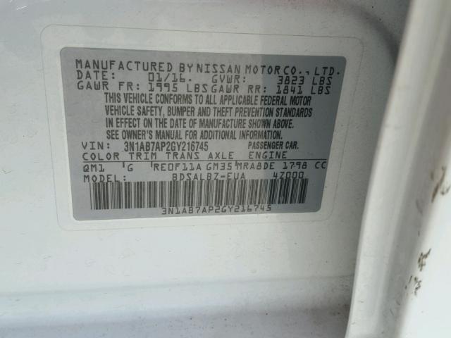 3N1AB7AP2GY216745 - 2016 NISSAN SENTRA S WHITE photo 10