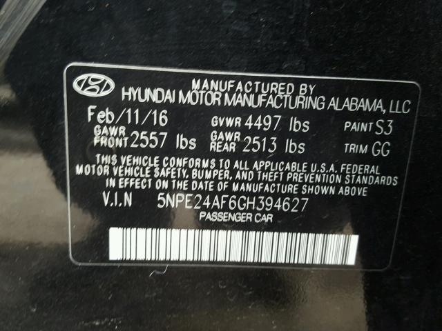 5NPE24AF6GH394627 - 2016 HYUNDAI SONATA SE BLACK photo 10