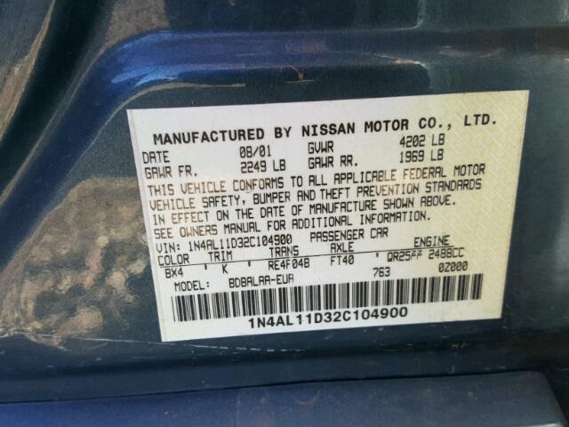 1N4AL11D32C104900 - 2002 NISSAN ALTIMA BAS BLUE photo 10