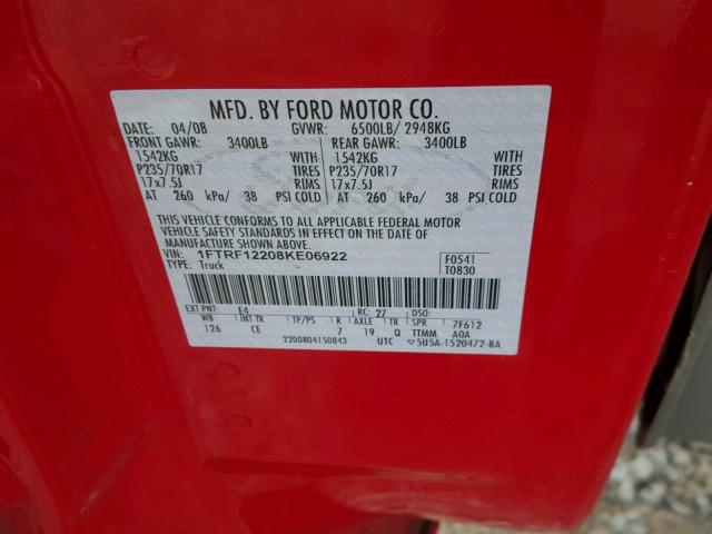 1FTRF12208KE06922 - 2008 FORD F150 RED photo 10