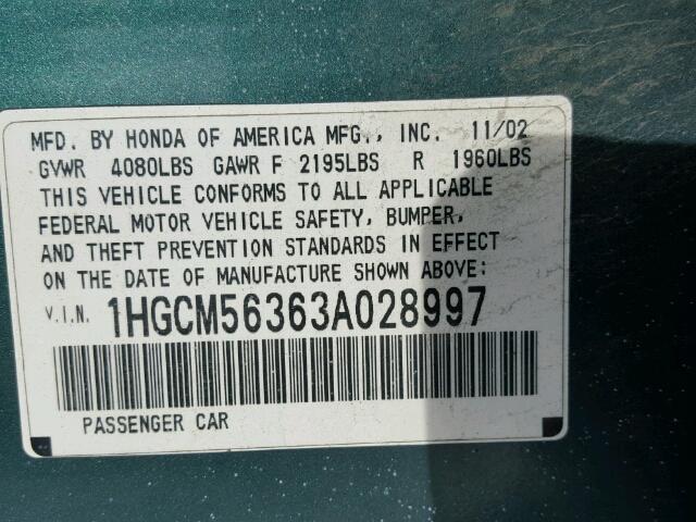 1HGCM56363A028997 - 2003 HONDA ACCORD LX GREEN photo 10