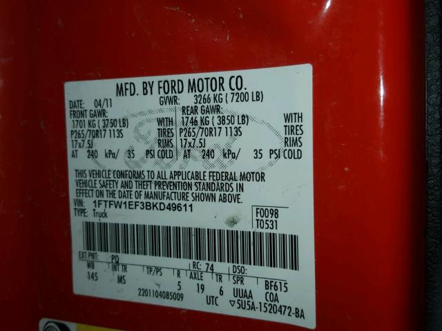 1FTFW1EF3BKD49611 - 2011 FORD F150 SUPER RED photo 10