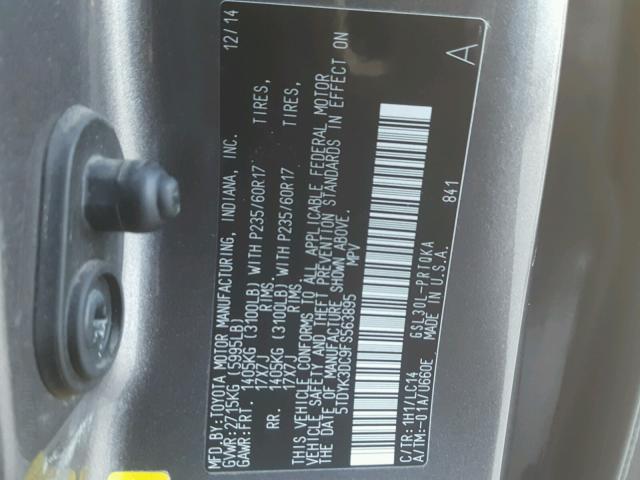 5TDYK3DC9FS563895 - 2015 TOYOTA SIENNA XLE GRAY photo 10