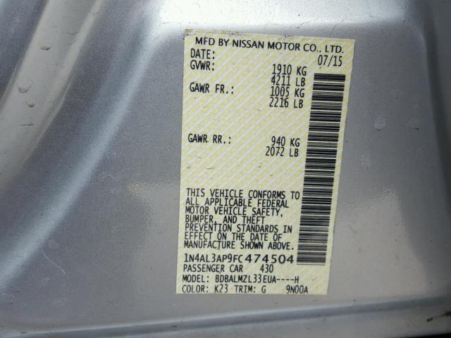 1N4AL3AP9FC474504 - 2015 NISSAN ALTIMA 2.5 GRAY photo 10