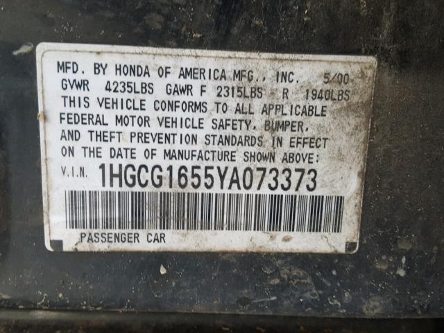 1HGCG1655YA073373 - 2000 HONDA ACCORD EX GREEN photo 10