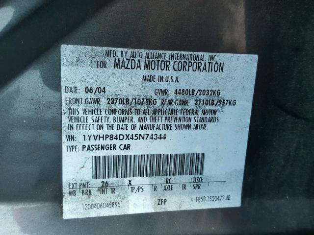 1YVHP84DX45N74344 - 2004 MAZDA 6 S GRAY photo 10