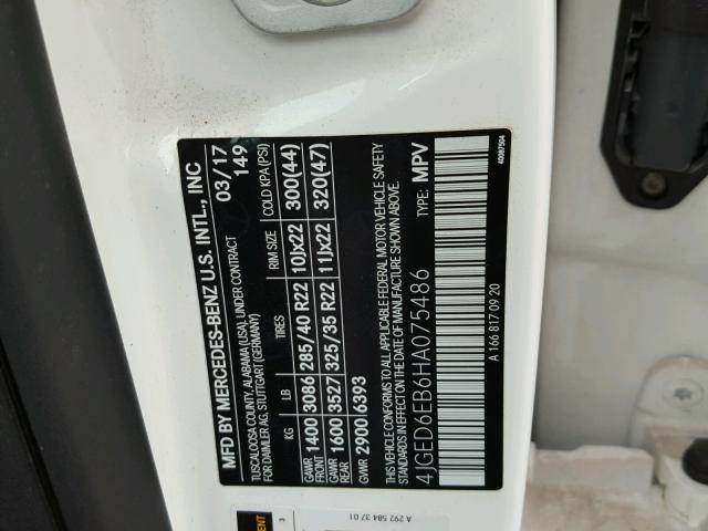 4JGED6EB6HA075486 - 2017 MERCEDES-BENZ GLE COUPE WHITE photo 10