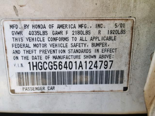 1HGCG56401A124797 - 2001 HONDA ACCORD LX WHITE photo 10