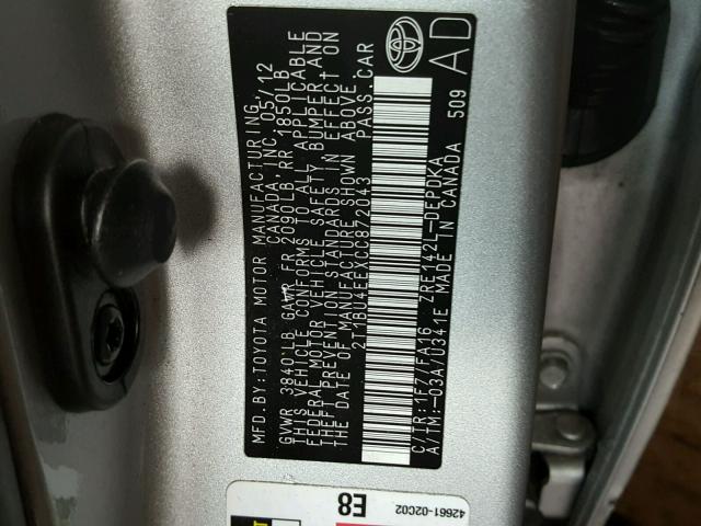 2T1BU4EEXCC872043 - 2012 TOYOTA COROLLA BA SILVER photo 10