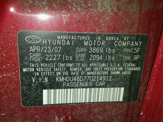 KMHDU46D77U214912 - 2007 HYUNDAI ELANTRA GL RED photo 10