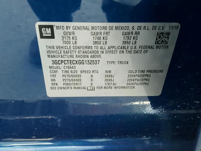 3GCPCTECXGG132537 - 2016 CHEVROLET SILVERADO BLUE photo 10