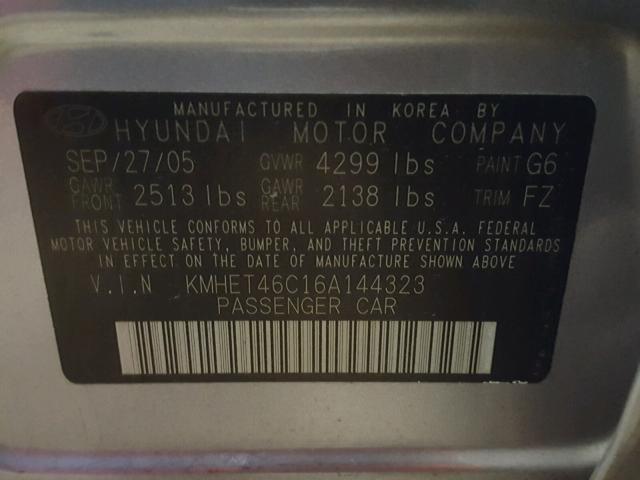 KMHET46C16A144323 - 2006 HYUNDAI SONATA GL GRAY photo 10