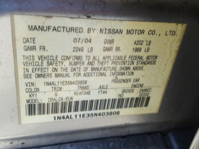 1N4AL11E35N403806 - 2005 NISSAN ALTIMA S SILVER photo 10