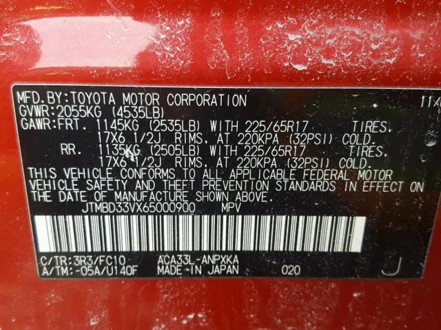 JTMBD33VX65000900 - 2006 TOYOTA RAV4 RED photo 10