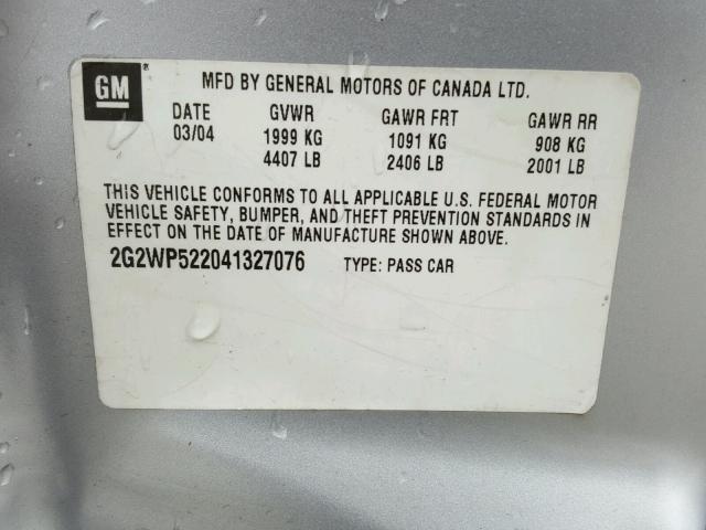 2G2WP522041327076 - 2004 PONTIAC GRAND PRIX SILVER photo 10