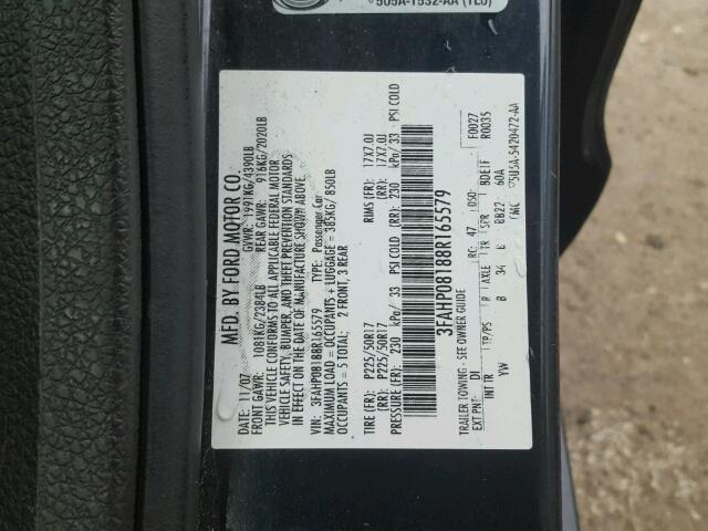 3FAHP08188R165579 - 2008 FORD FUSION SEL BLUE photo 10