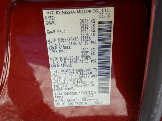 1N6AD0EVXGN750903 - 2016 NISSAN FRONTIER S RED photo 10