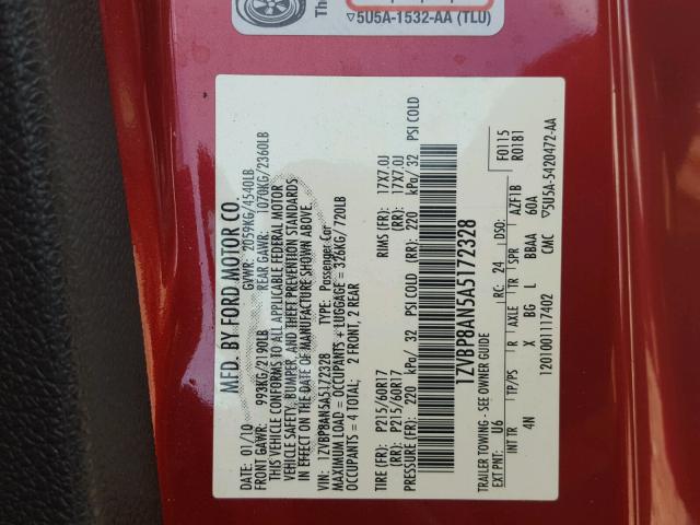 1ZVBP8AN5A5172328 - 2010 FORD MUSTANG RED photo 10