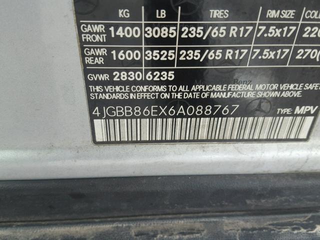 4JGBB86EX6A088767 - 2006 MERCEDES-BENZ ML 350 SILVER photo 10