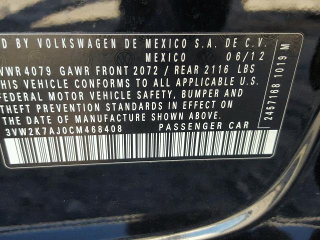 3VW2K7AJ0CM468408 - 2012 VOLKSWAGEN JETTA BASE 黑色 照片 10