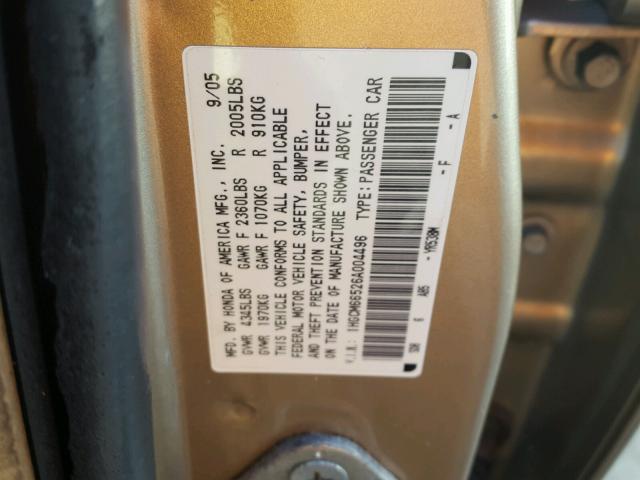 1HGCM66526A004496 - 2006 HONDA ACCORD EX GOLD photo 10