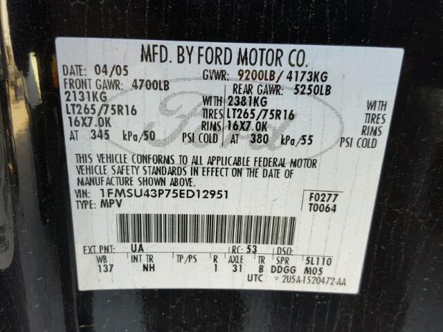 1FMSU43P75ED12951 - 2005 FORD EXCURSION BLACK photo 10