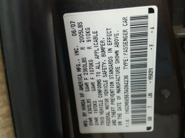 1HGCM66567A094236 - 2007 HONDA ACCORD EX GRAY photo 10