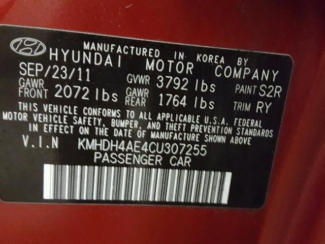 KMHDH4AE4CU307255 - 2012 HYUNDAI ELANTRA GL RED photo 10