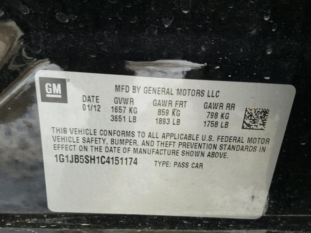 1G1JB5SH1C4151174 - 2012 CHEVROLET SONIC LS BLACK photo 10