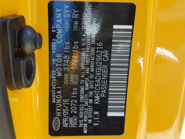 KMHTC6ADXGU296216 - 2016 HYUNDAI VELOSTER B YELLOW photo 10