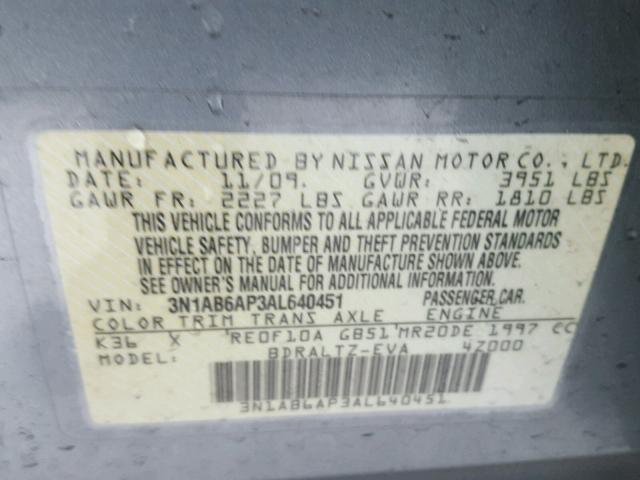 3N1AB6AP3AL640451 - 2010 NISSAN SENTRA 2.0 GRAY photo 10