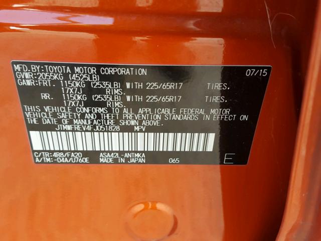 JTMWFREV4FJ051828 - 2015 TOYOTA RAV4 XLE ORANGE photo 10