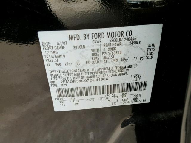 2FMDK38C07BB41604 - 2007 FORD EDGE SEL BLACK photo 10