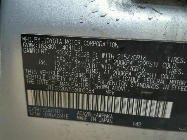 JTEGD20V556002384 - 2005 TOYOTA RAV4 SILVER photo 10