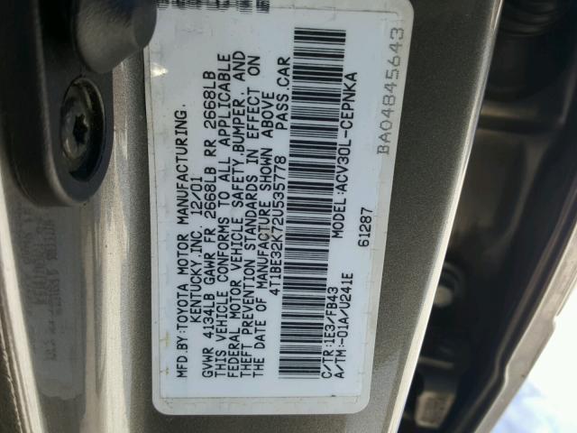 4T1BE32K72U535778 - 2002 TOYOTA CAMRY LE GRAY photo 10