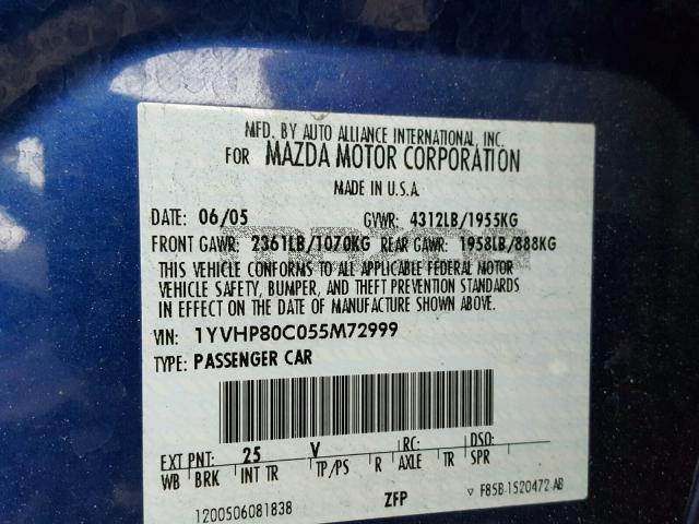 1YVHP80C055M72999 - 2005 MAZDA 6 I BLUE photo 10