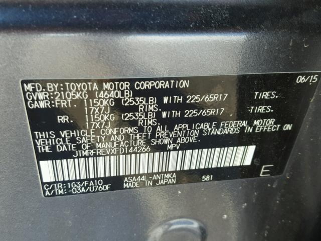 JTMRFREVXFD144266 - 2015 TOYOTA RAV4 XLE GRAY photo 10