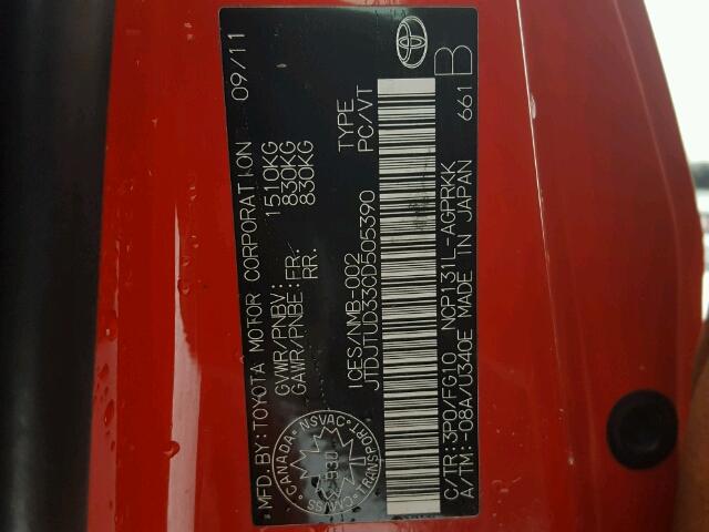 JTDJTUD33CD505390 - 2012 TOYOTA YARIS RED photo 10