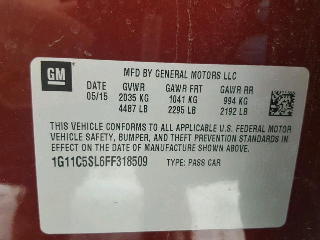 1G11C5SL6FF318509 - 2015 CHEVROLET MALIBU 1LT 红色 照片 10