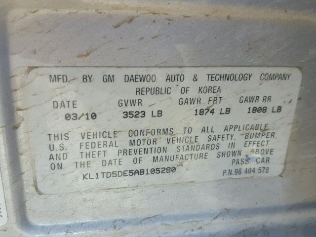 KL1TD5DE5AB105280 - 2010 CHEVROLET AVEO LS 银色 照片 10