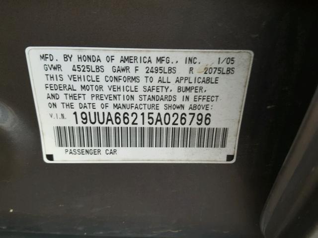 19UUA66215A026796 - 2005 ACURA TL BLUE photo 10