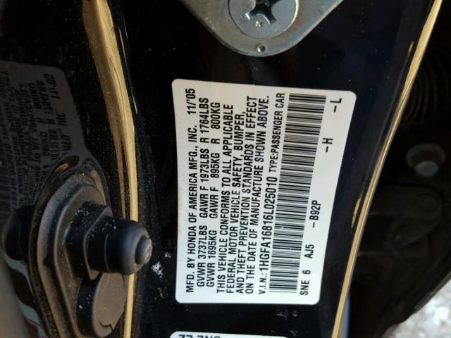 1HGFA16816L025010 - 2006 HONDA CIVIC EX შავი ფოტო 10