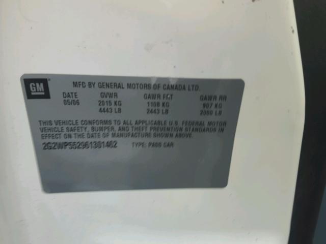 2G2WP552961301462 - 2006 PONTIAC GRAND PRIX WHITE photo 10