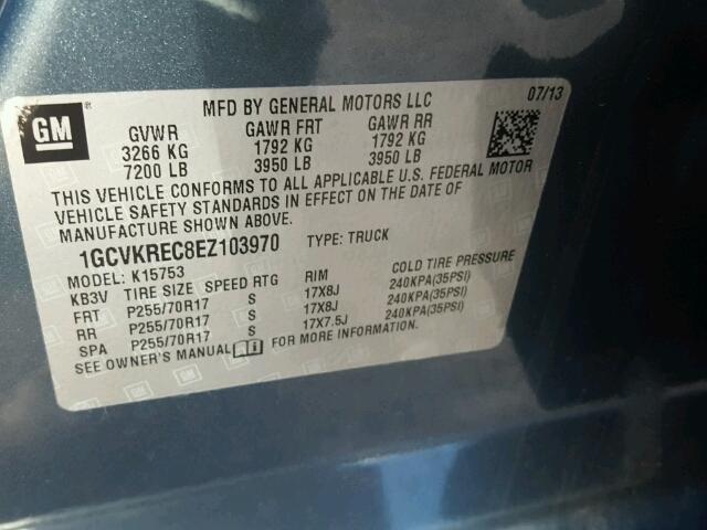 1GCVKREC8EZ103970 - 2014 CHEVROLET SILVERADO BLUE photo 10