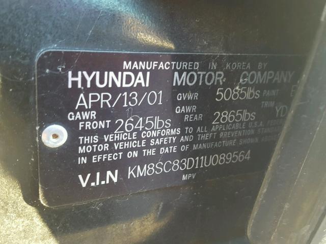 KM8SC83D11U089564 - 2001 HYUNDAI SANTA FE G BLACK photo 10