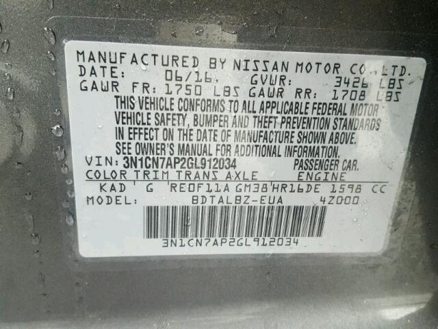 3N1CN7AP2GL912034 - 2016 NISSAN VERSA S GRAY photo 10