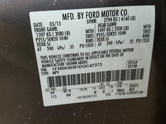 1FM5K8D81DGC47373 - 2013 FORD EXPLORER X GRAY photo 10